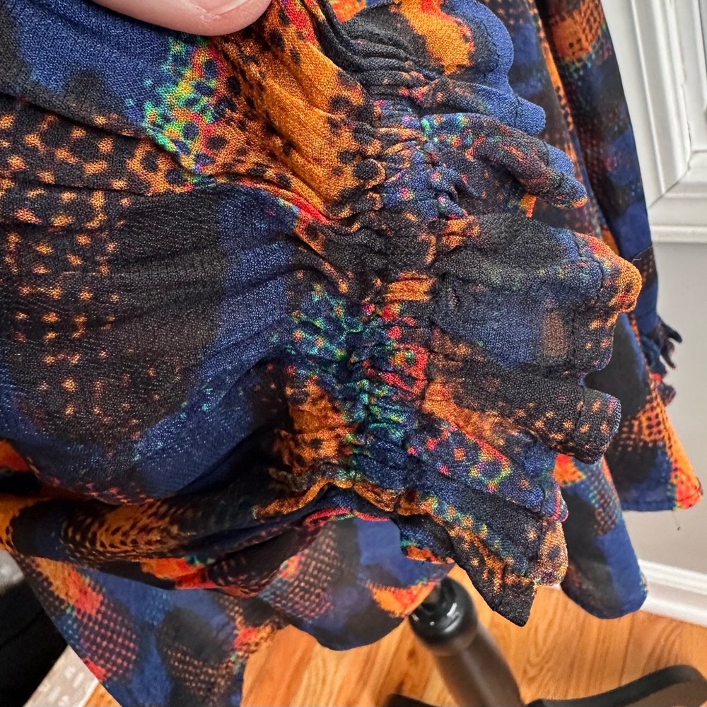 Anthropologie Blank London Eclectic Leopard Peasant Blouse Blue Orange Medium - Picture 6 of 12